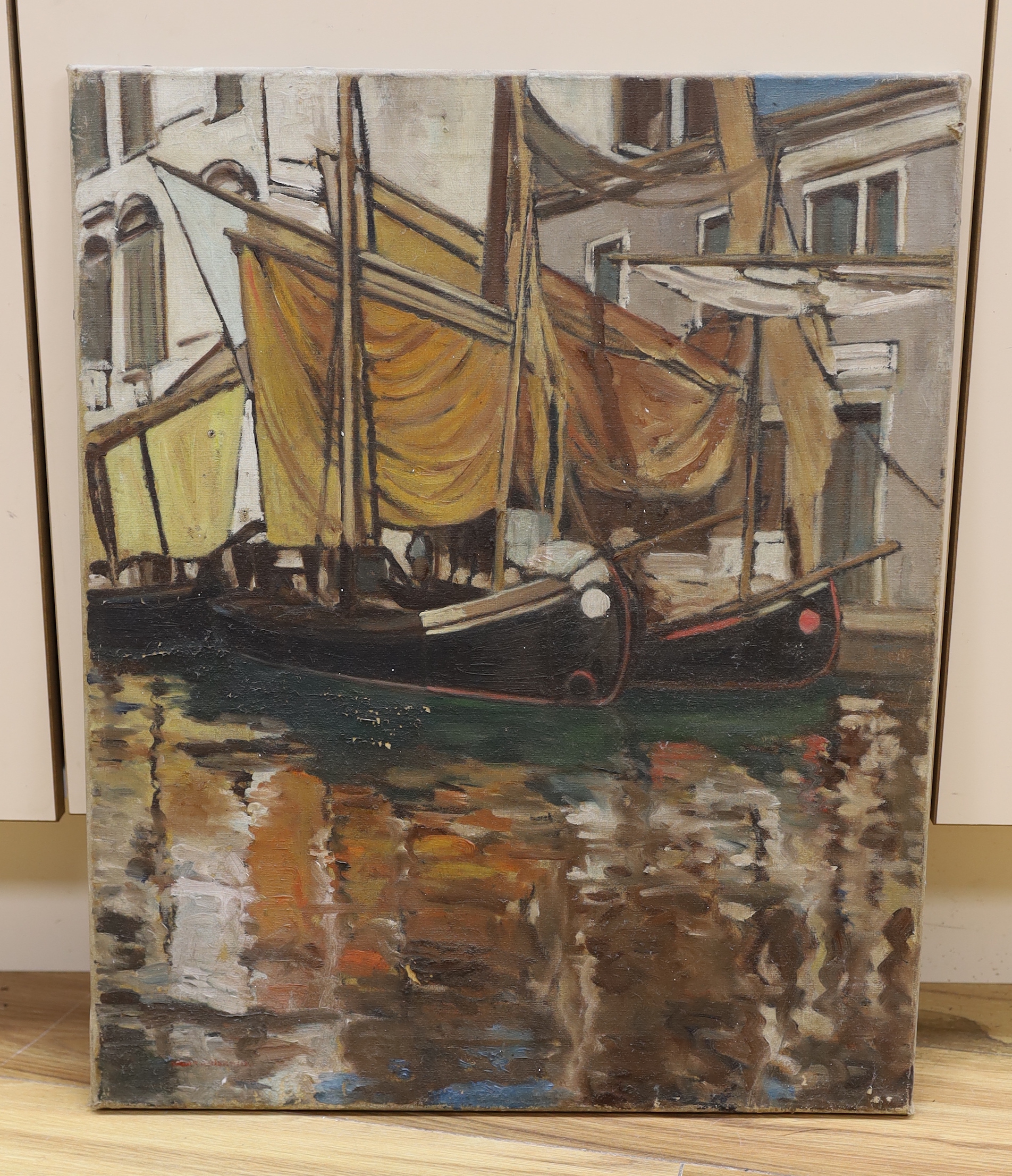 Continental School, oil on canvas, Moored boats, 56 x 46cm, unframed